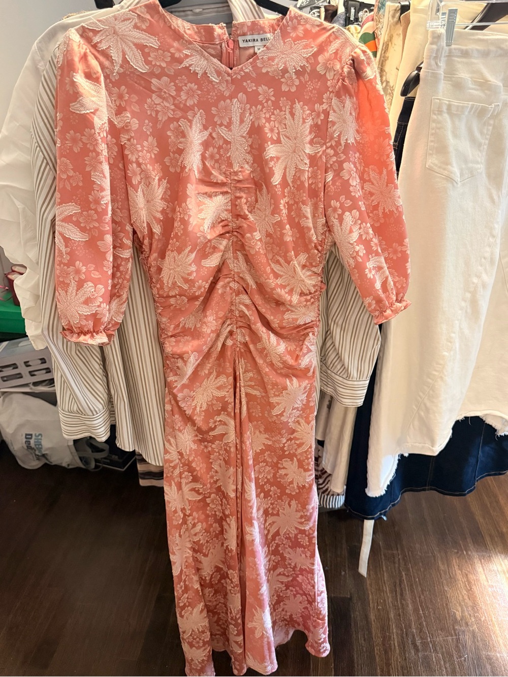 Textured Coral Pink Floral Maxi Dress with Ruched Front